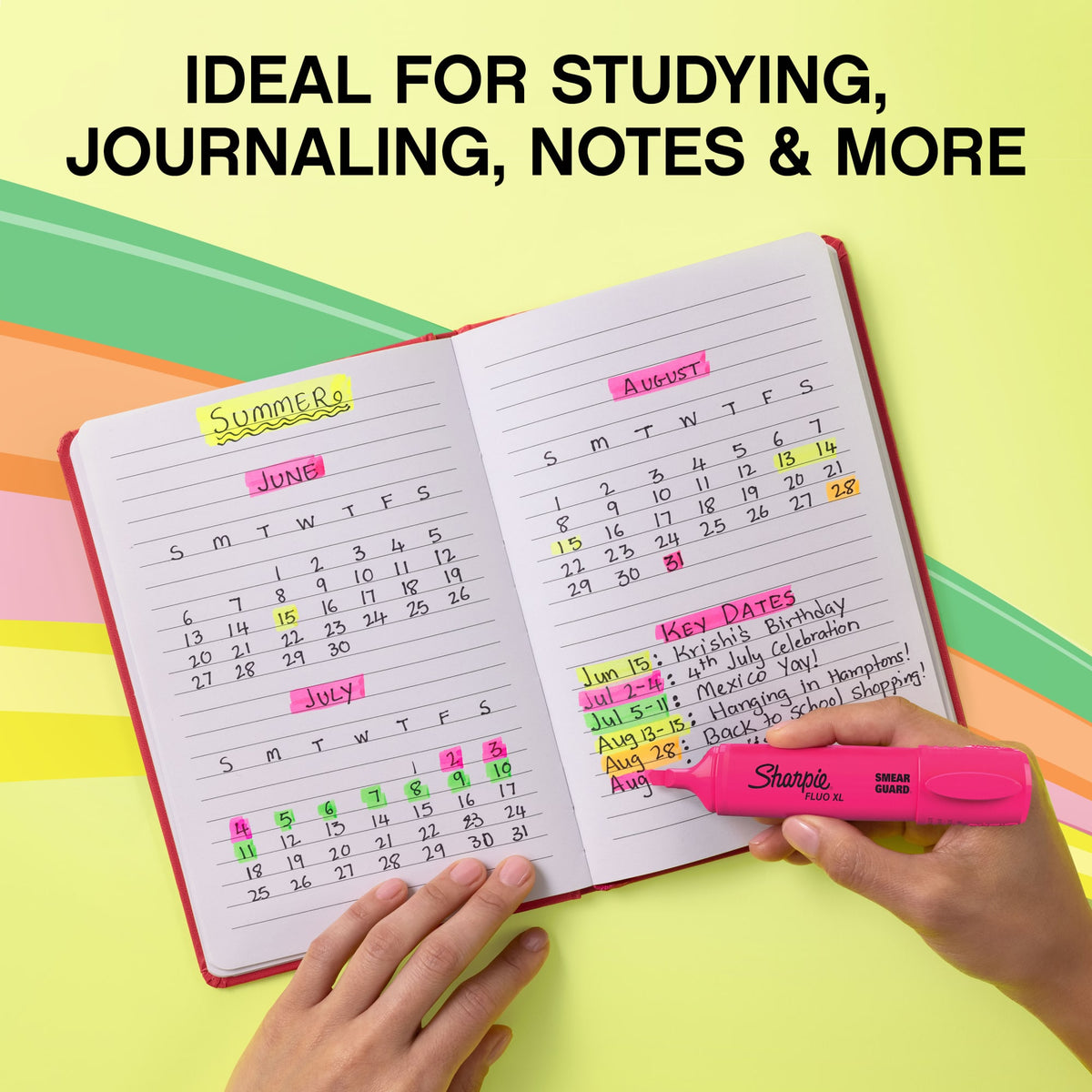 A hand highlighting a planner page with a pink Sharpie Fluo XL highlighter, captioned Ideal for studying, journaling, notes and more