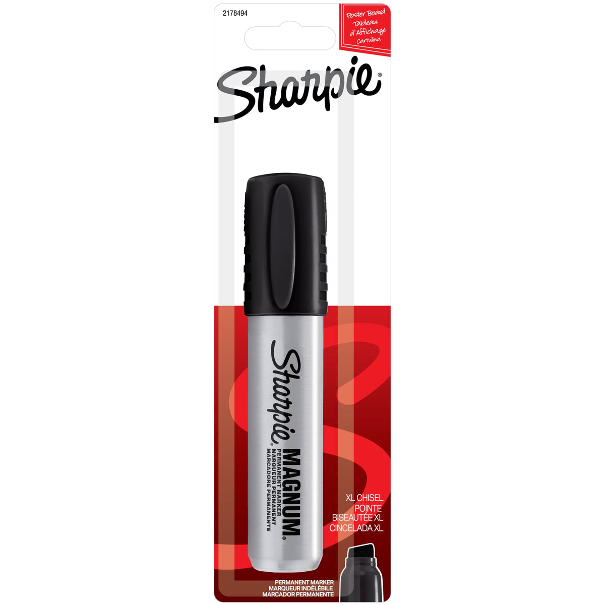Sharpie Magnum permanent marker on its 1 count retail card, black marker with a silver barrel, printed XL chisel. This box contains 6 of these cards.