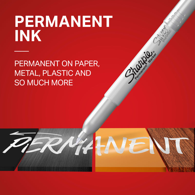 Silver Sharpie Metallic marker writing the word PERMANENT on a feature graphic about permanent ink.