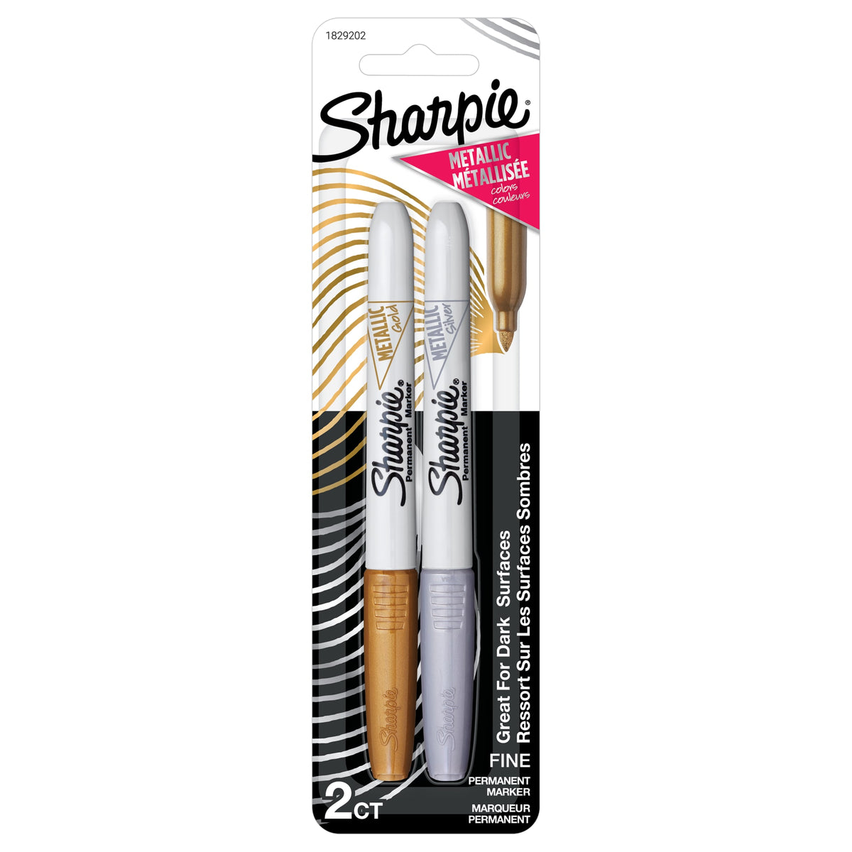 Sharpie Metallic fine point permanent markers 2 count card with 1 gold and 1 silver marker, printed Metallic and Great for dark surfaces. This listing contains 6 of these cards.