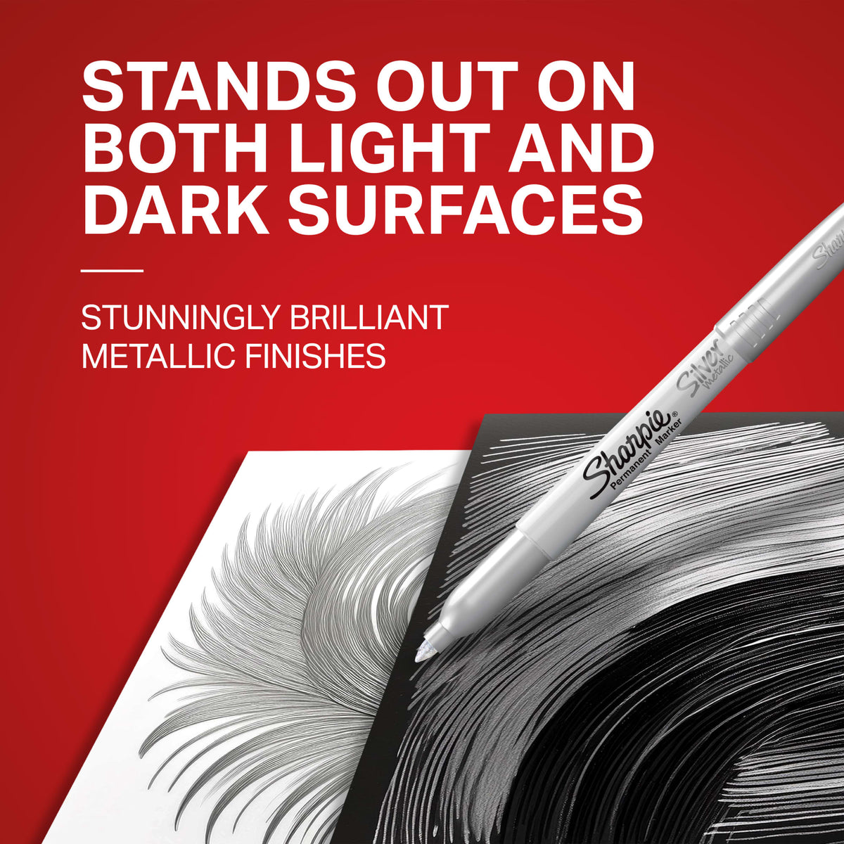 Silver Sharpie Metallic marker writing on black and white paper, with the caption Stands out on both light and dark surfaces.
