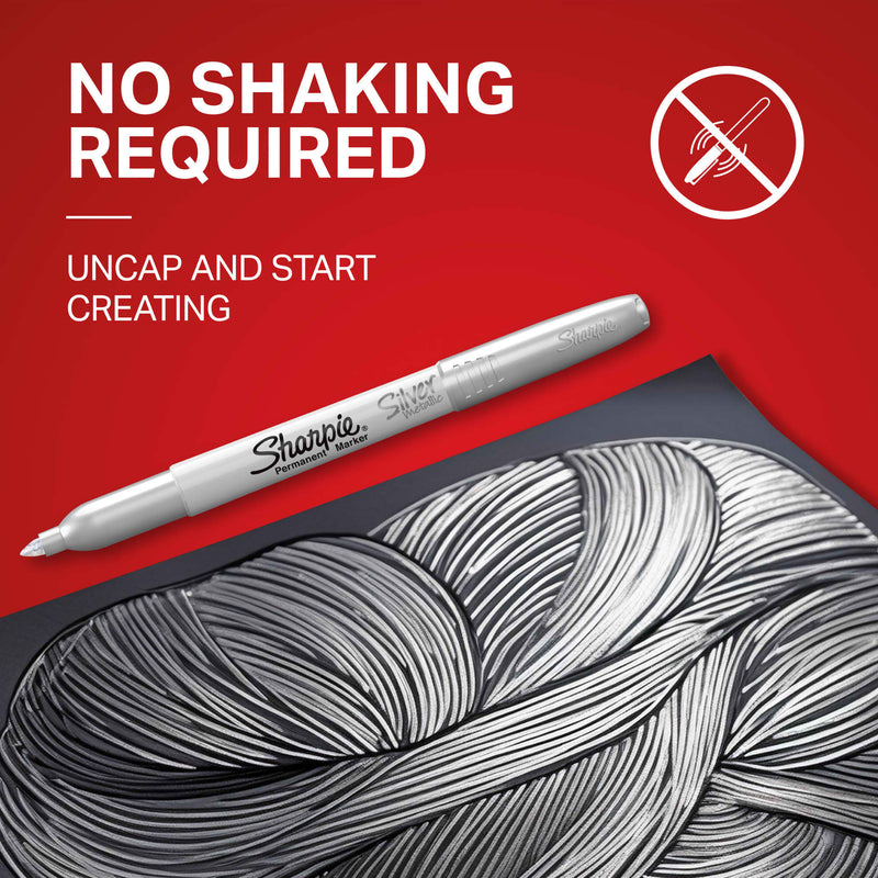 Silver Sharpie Metallic marker over a black drawing, with the caption No shaking required, uncap and start creating.