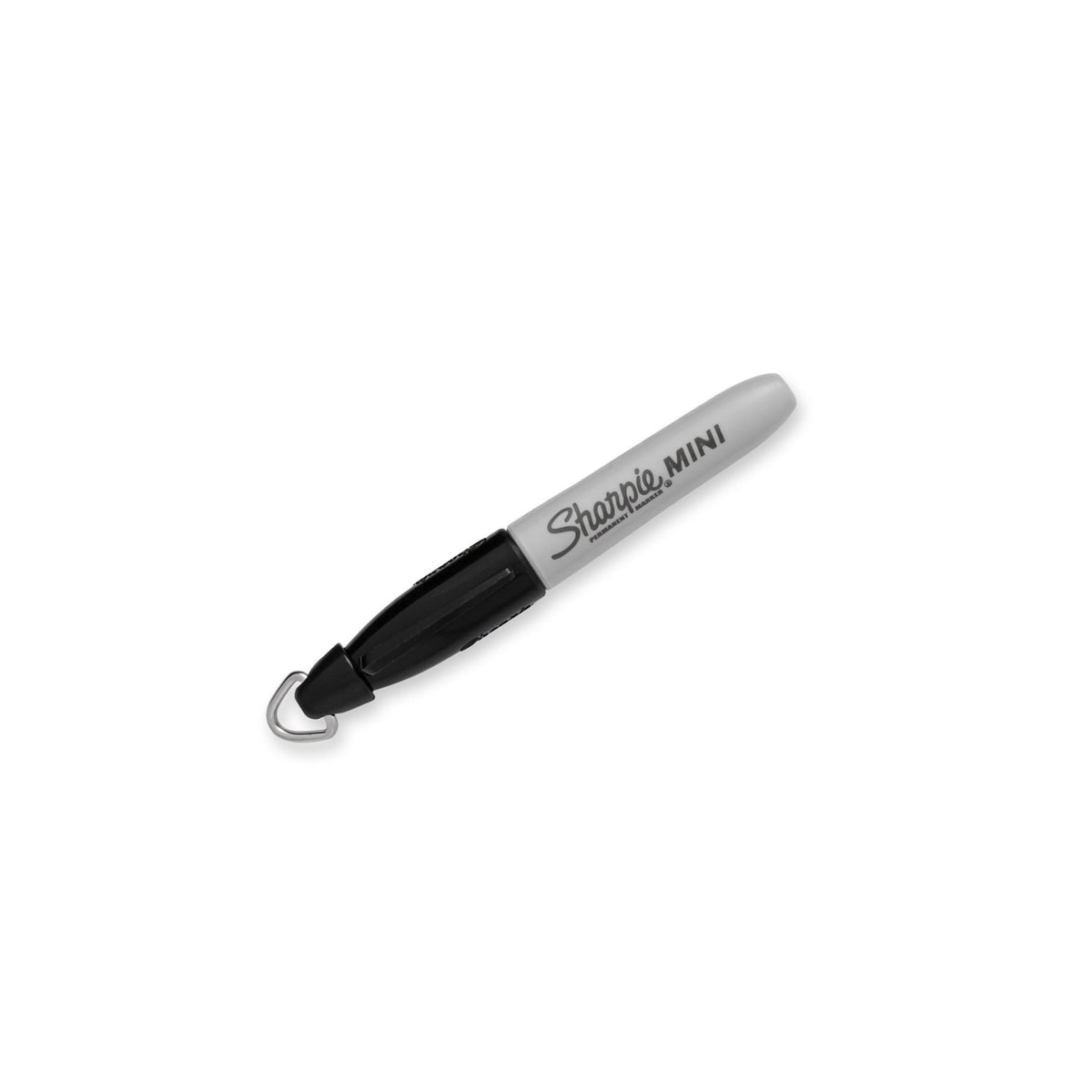 Single black Sharpie Mini marker, capped, with its metal clip loop, on a white background.