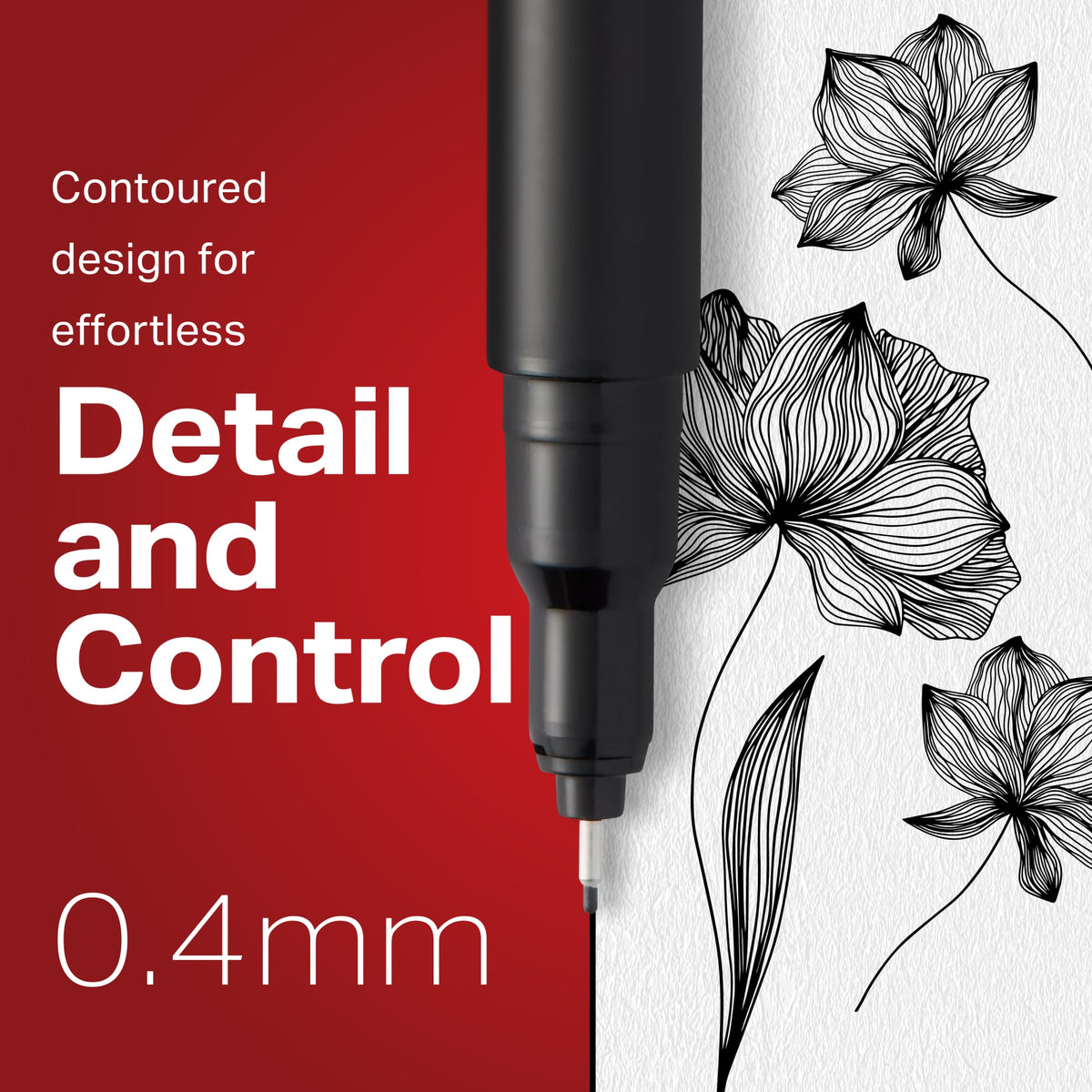 Sharpie Pen fine tip over a black floral line drawing, captioned Contoured design for effortless detail and control, 0.4mm