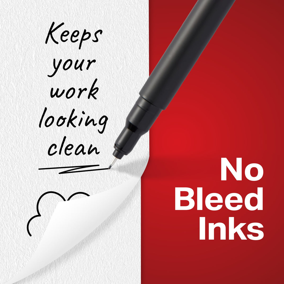 Sharpie Pen writing on a notebook page that is lifted to show no show-through on the reverse, captioned No bleed inks, keeps your work looking clean