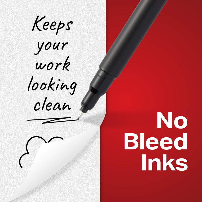 Sharpie Pen writing on a notebook page that is lifted to show no show-through on the reverse, captioned No bleed inks, keeps your work looking clean