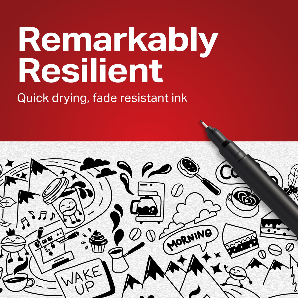 Sharpie Pen beside black ink doodles, captioned Remarkably resilient, quick drying, fade resistant ink