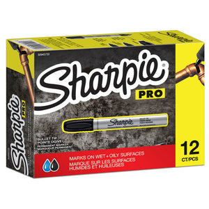 Box of 12 Sharpie PRO bullet tip permanent markers in black, yellow and black box printed Bullet tip, Marks on wet and oily surfaces and 12 CT.