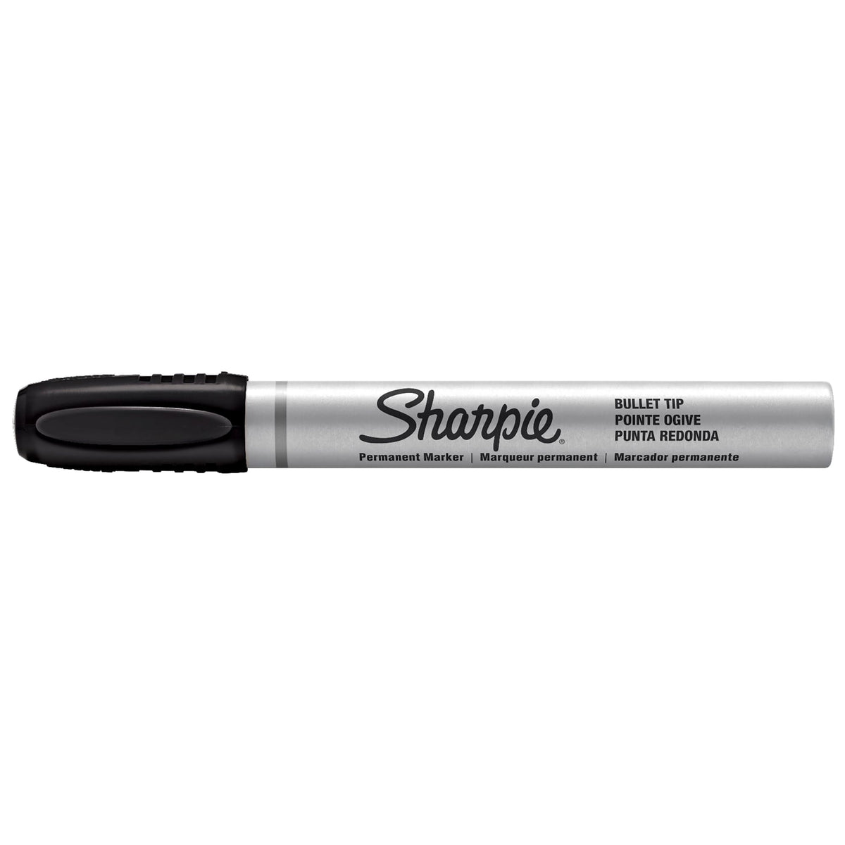 Single Sharpie PRO bullet tip marker, capped, lying horizontally on white with the barrel printed Bullet tip.