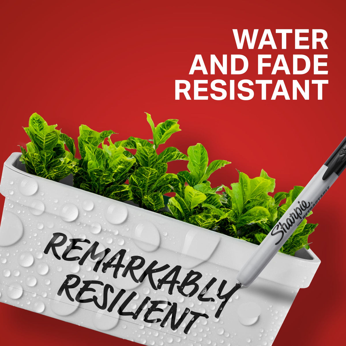 Sharpie feature graphic reading Water and fade resistant, Remarkably resilient, written on a wet plant pot.
