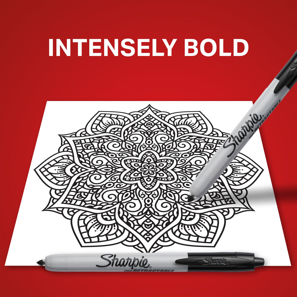 Sharpie retractable marker over a black mandala drawing with the caption Intensely bold.