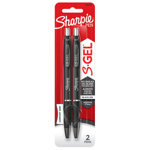 Sharpie S-Gel Medium 0.7mm retail blister card holding two black retractable gel pens, with Black ink and 2 pens printed on the card, on a white background