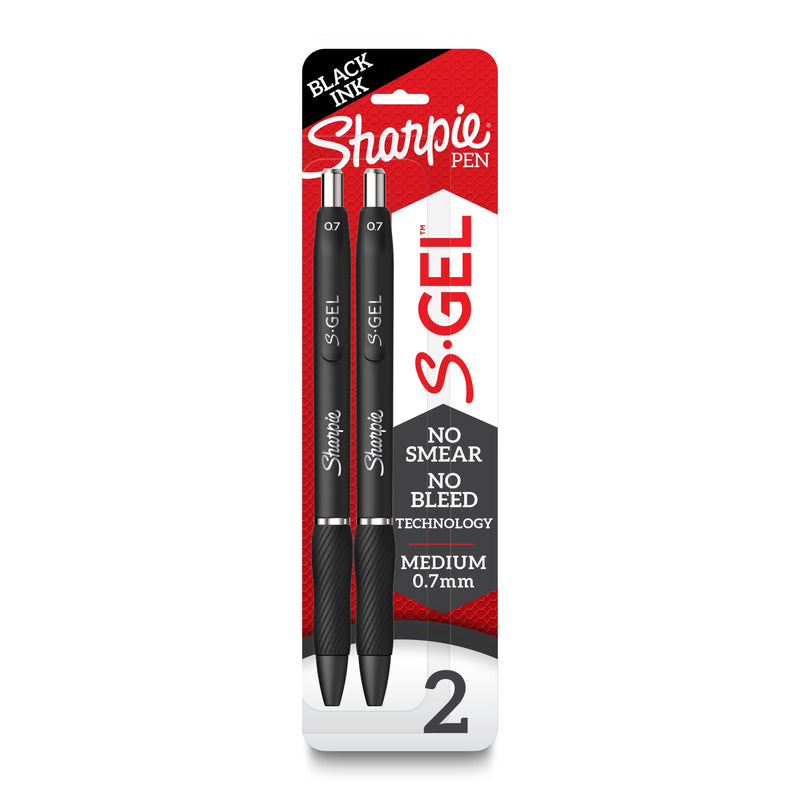 Alternative pack artwork for the Sharpie S-Gel 0.7mm black two-pen pack with a Black ink corner banner and a large number 2