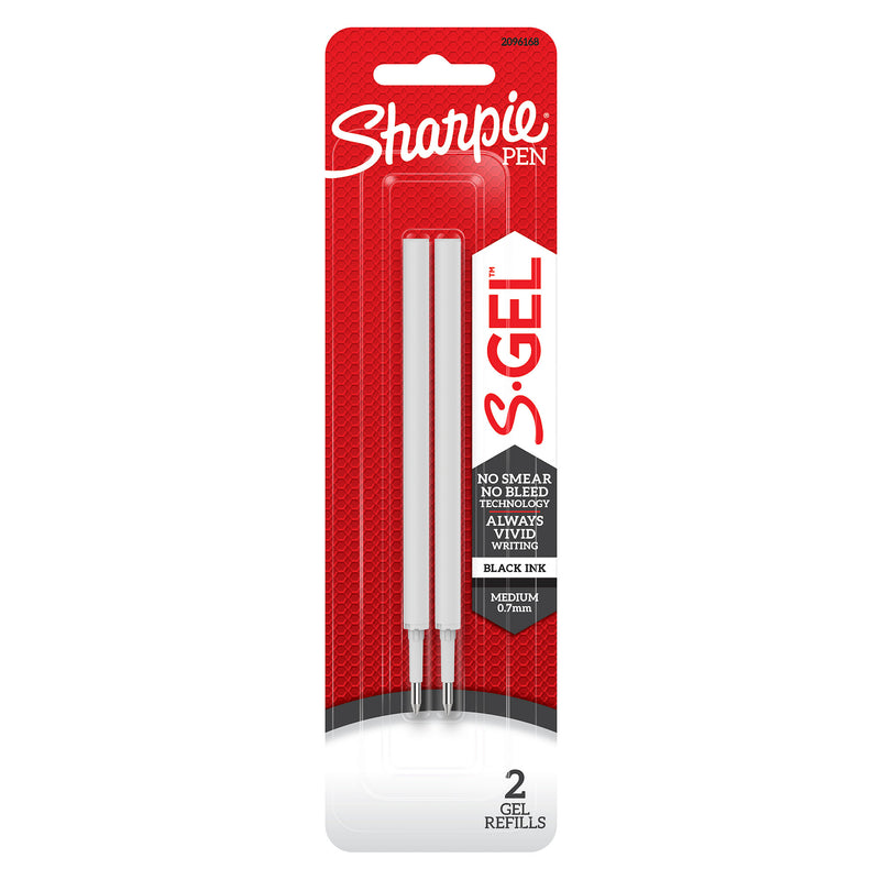 Sharpie S-Gel retail blister card holding two black gel ink refills, with Black ink, Medium 0.7mm and 2 gel refills printed on the card, on a white background