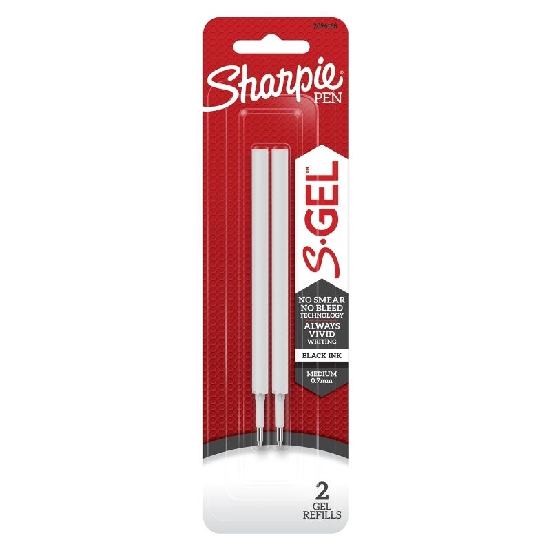 Front of the Sharpie Pen S-Gel refill card showing two white refill tubes with metal tips, No smear no bleed technology, Medium 0.7mm and 2 gel refills