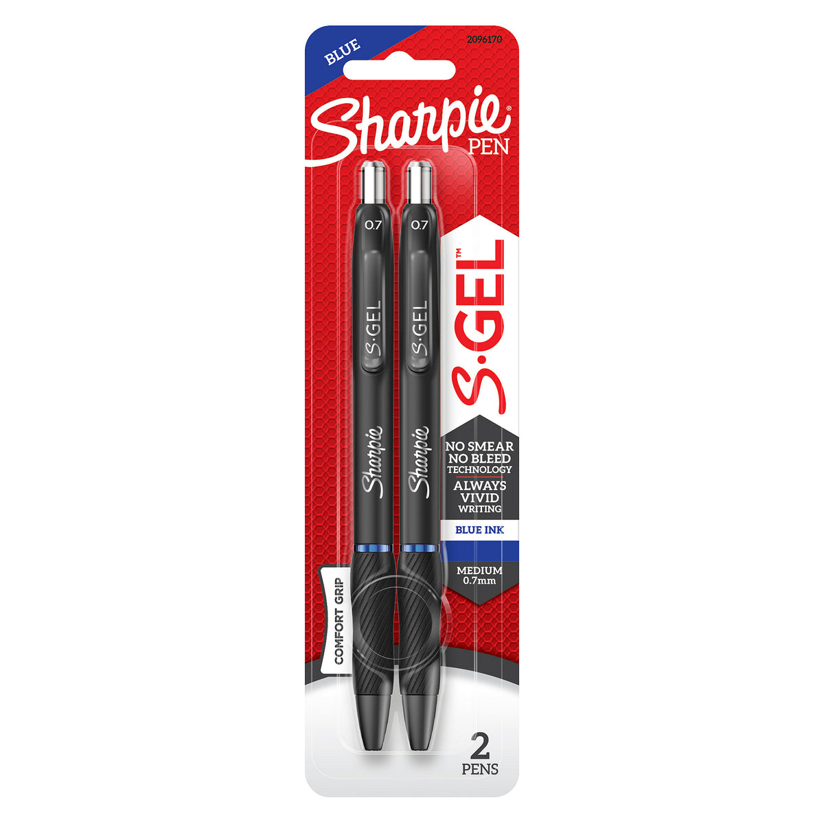 Sharpie S-Gel Medium 0.7mm retail blister card holding two retractable gel pens with blue bands, Blue corner banner and 2 pens printed on the card, on a white background