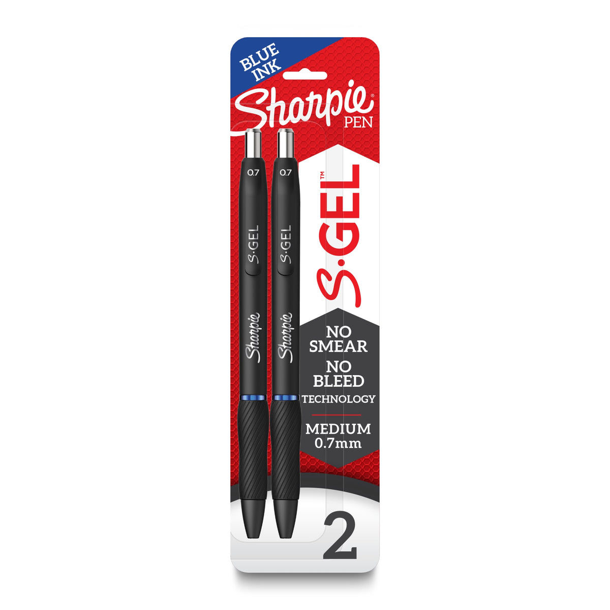 Alternative pack artwork for the Sharpie S-Gel 0.7mm blue two-pen pack with a Blue ink banner and a large number 2
