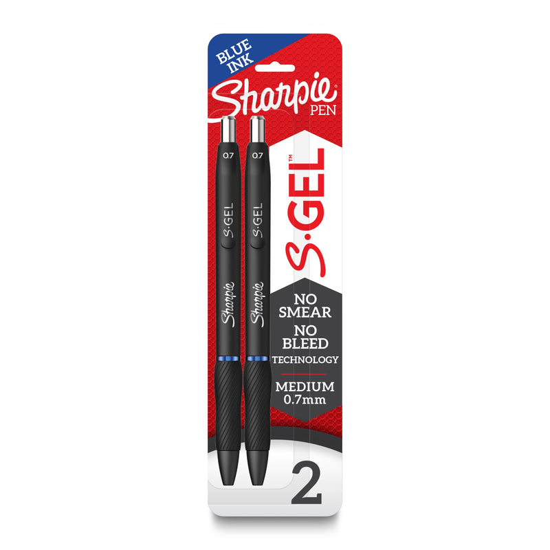 Alternative pack artwork for the Sharpie S-Gel 0.7mm blue two-pen pack with a Blue ink banner and a large number 2