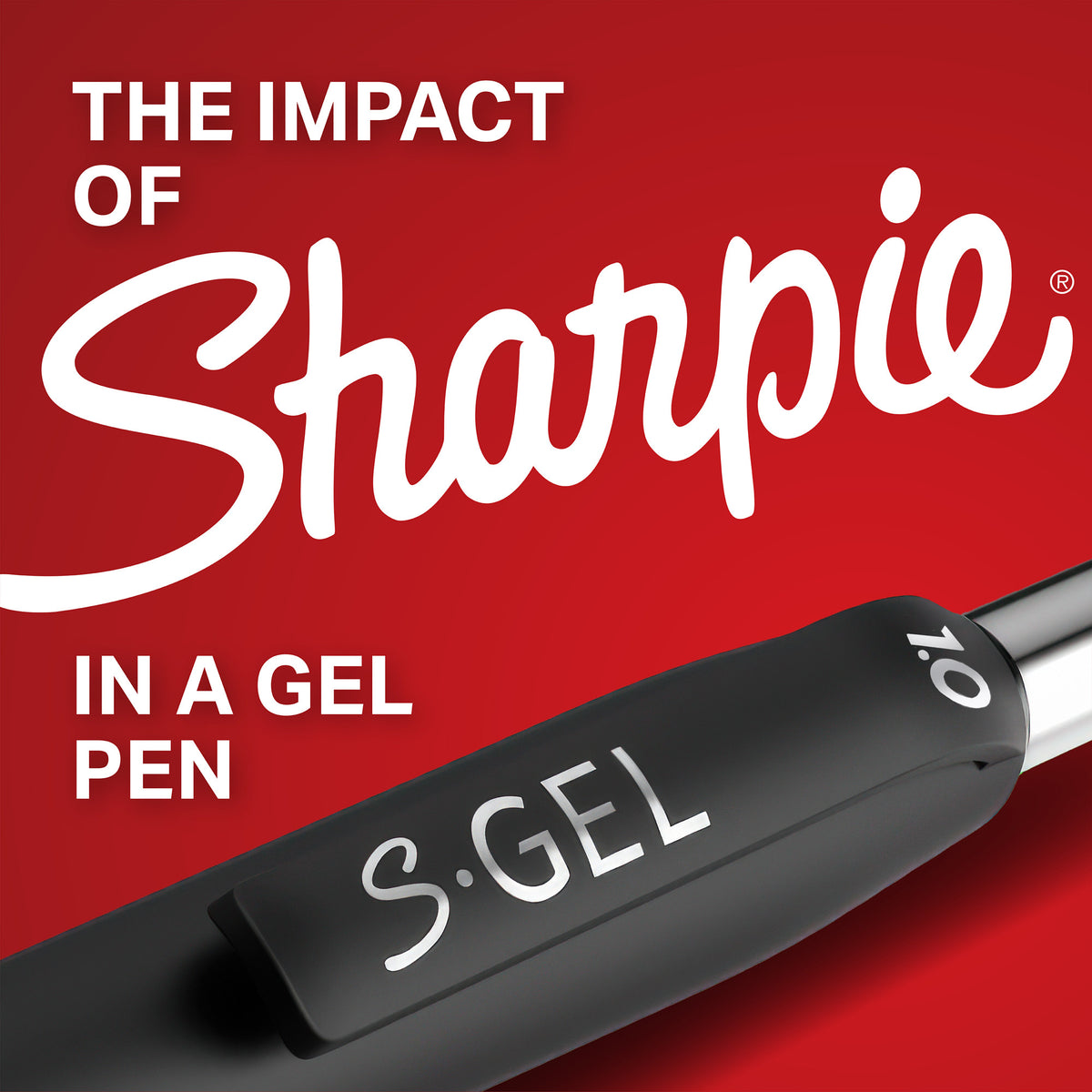Close-up of a Sharpie S-Gel gel pen barrel marked 0.7 under the heading The impact of Sharpie in a gel pen
