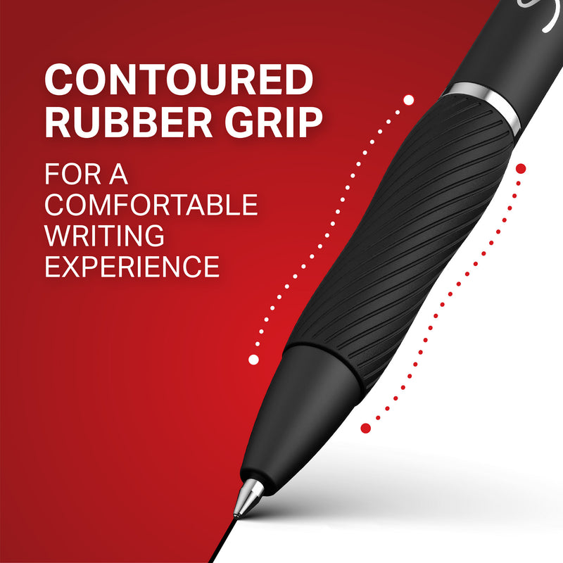 Sharpie graphic showing the contoured rubber grip of the S-Gel retractable gel pen for a comfortable writing experience