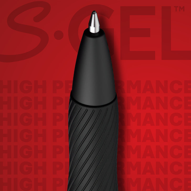 Close-up of the Sharpie S-Gel writing tip and ribbed contoured rubber grip on a red S-Gel background