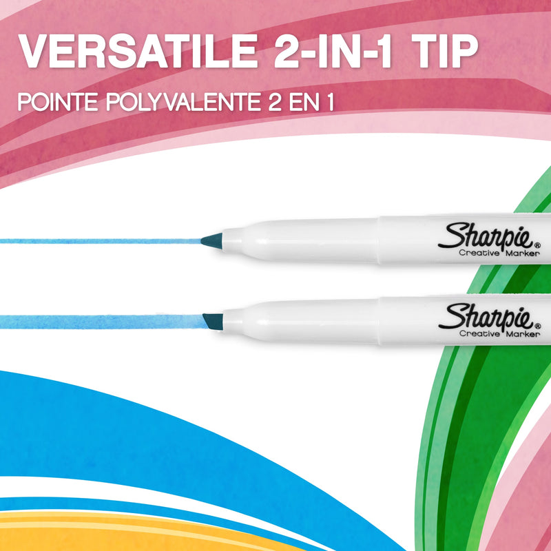 Two Sharpie S-Note markers drawing broad and fine lines, captioned Versatile 2-in-1 tip in English and French