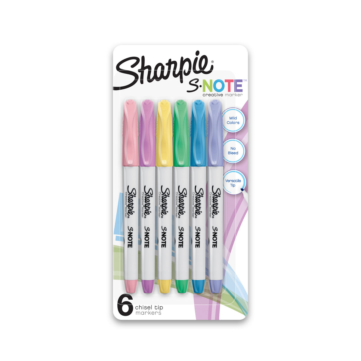 English-language version of the Sharpie S-Note six-marker card in the same six colours, with Mild colors, No bleed and Versatile tip icons