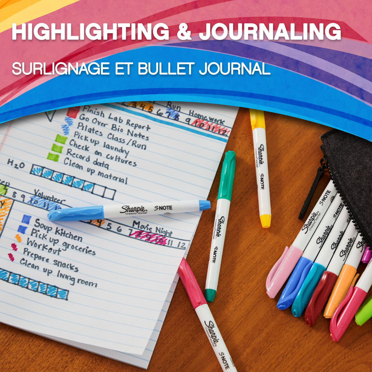 Bullet journal page decorated with Sharpie S-Note markers, captioned Highlighting and journaling in English and French