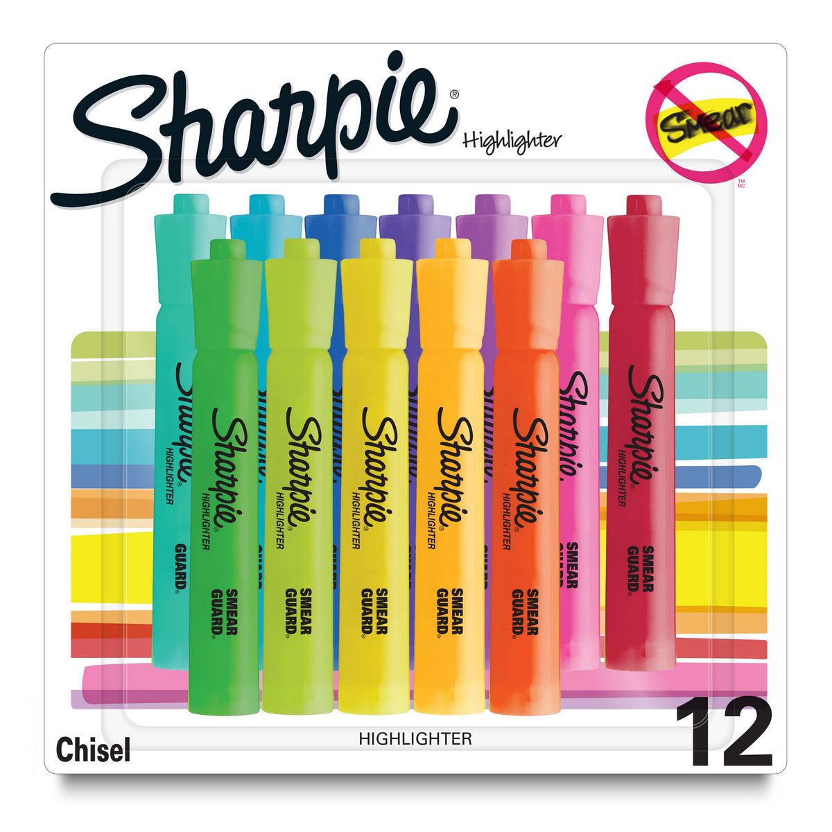Blister pack of 12 Sharpie Tank chisel tip highlighters in 12 assorted bright colours with the Smear Guard logo, on a white background