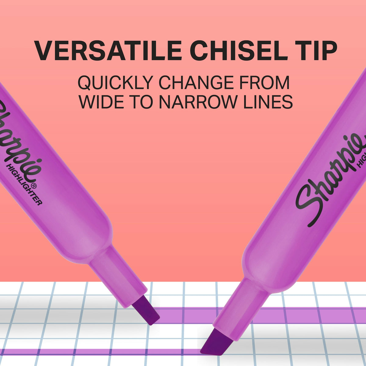 Sharpie graphic of two purple Tank highlighters showing the versatile chisel tip changing from wide to narrow lines
