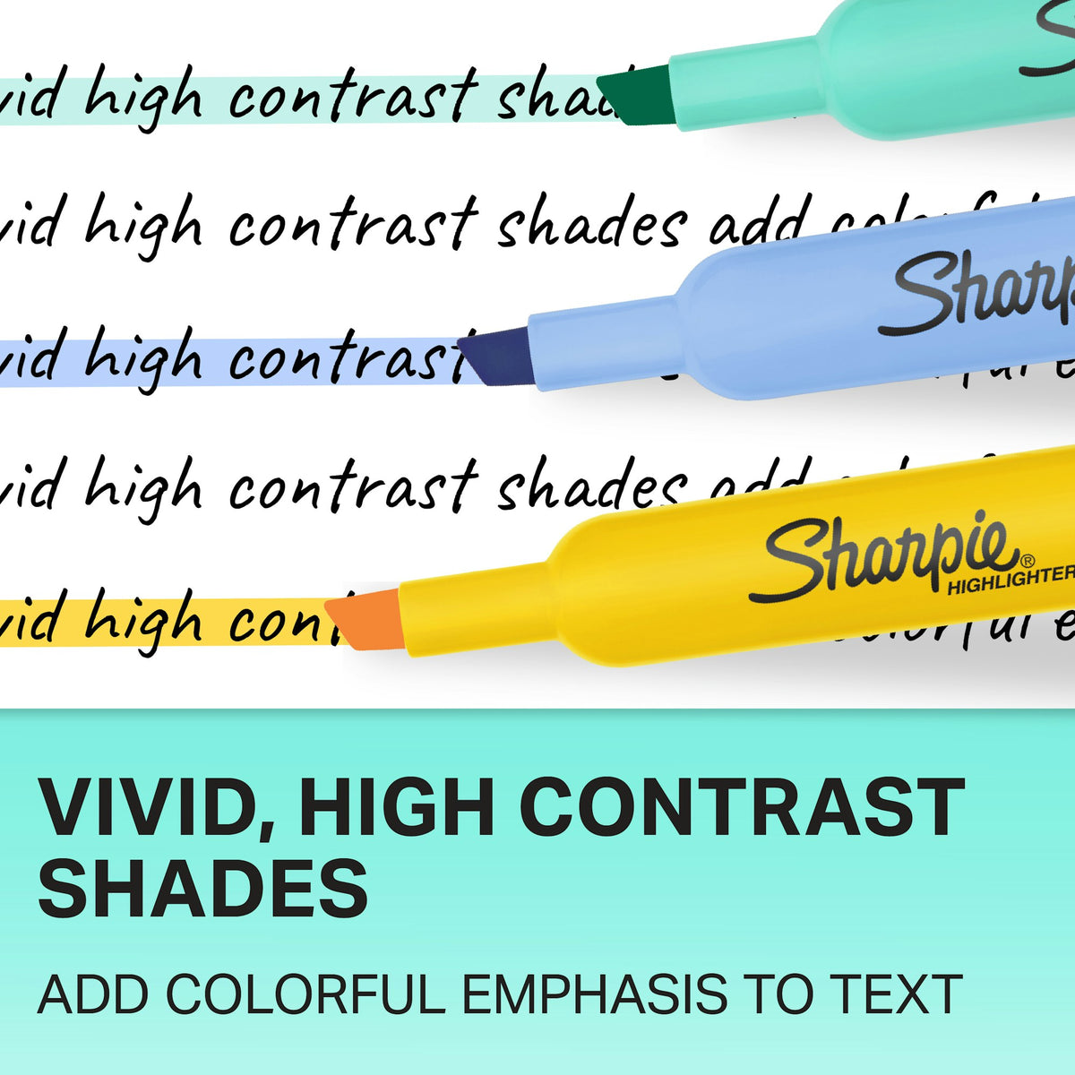 Teal, blue and orange Sharpie Tank highlighters adding colour to handwritten notes, captioned Vivid, high contrast shades