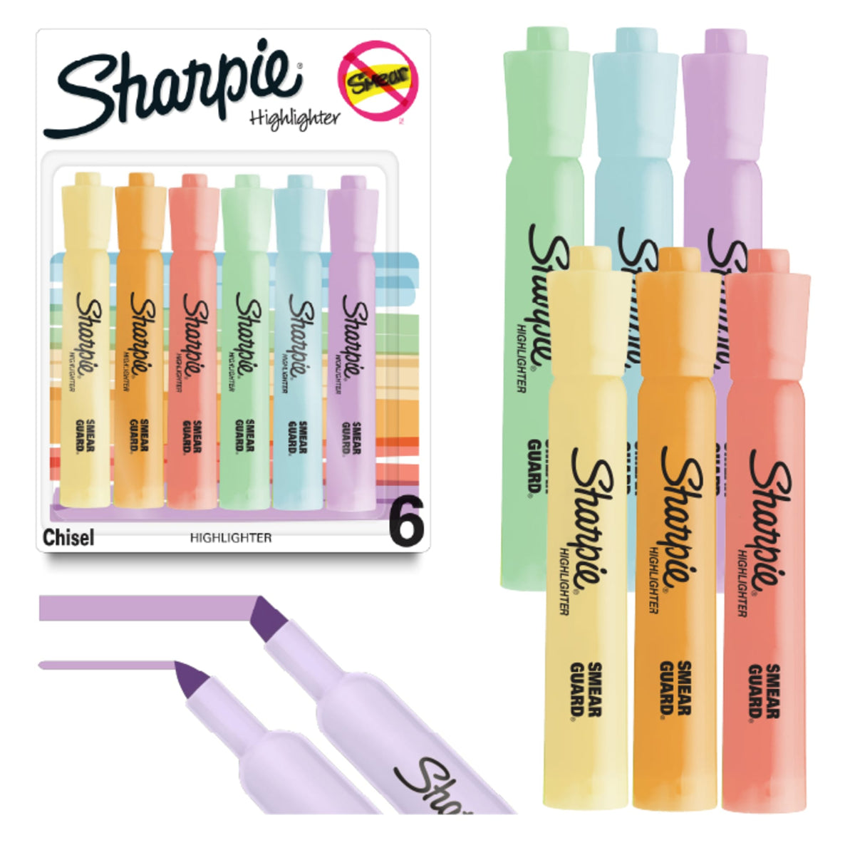 Blister pack of six Sharpie Tank pastel chisel tip highlighters in yellow, orange, coral red, green, blue and purple with the loose pastels beside it, on a white background