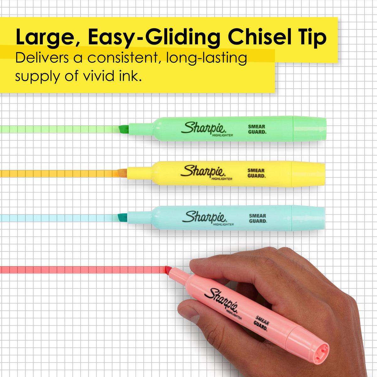 Pastel green, yellow, blue and coral Sharpie Tank highlighters drawing lines, captioned Large, easy-gliding chisel tip