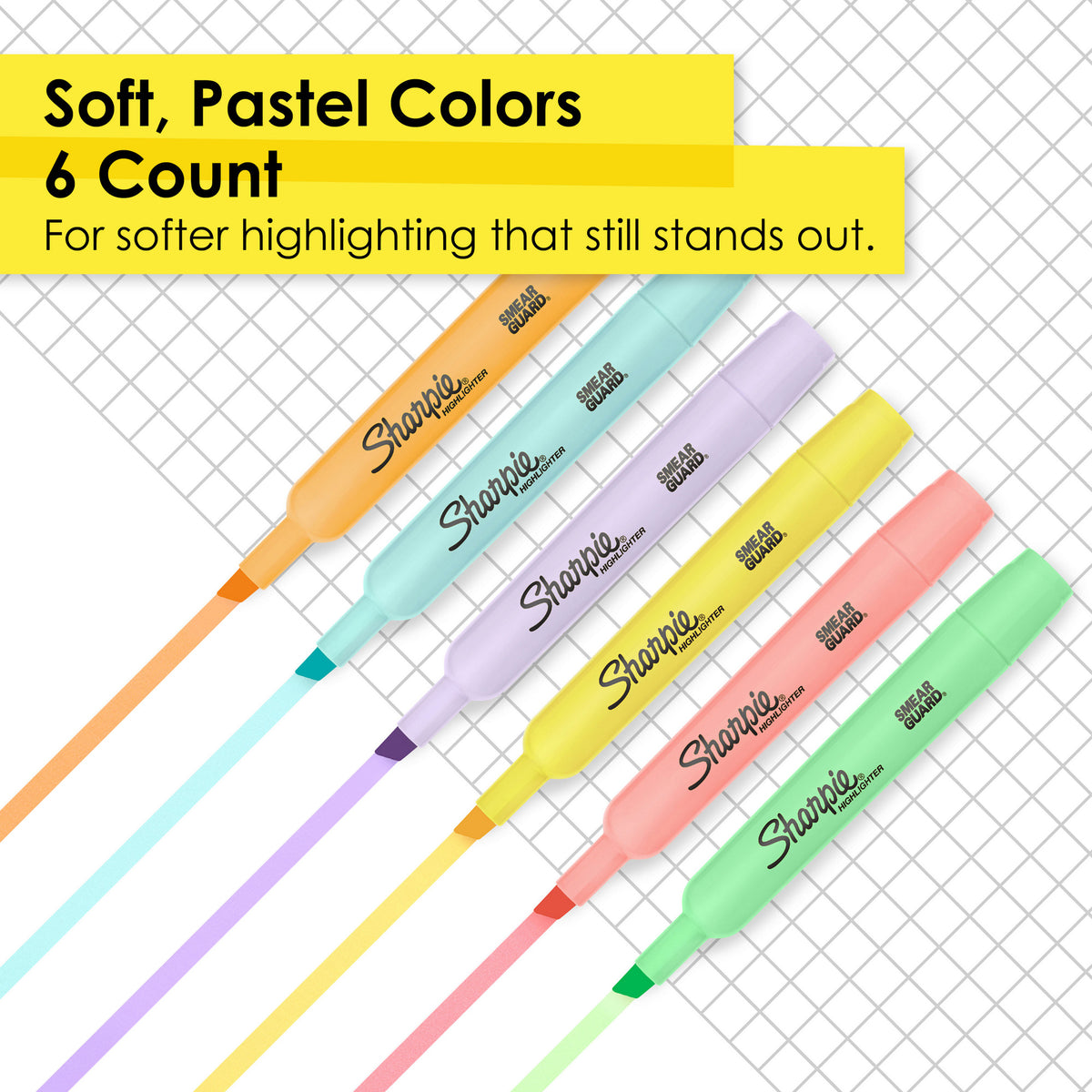 Sharpie graphic of the six pastel Tank highlighters with their strokes, captioned Soft, pastel colors for softer highlighting that still stands out