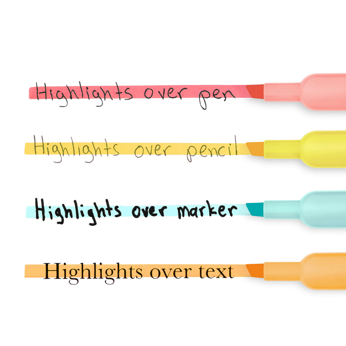 Sharpie graphic showing pastel highlighter strokes over pen, pencil, marker and printed text samples