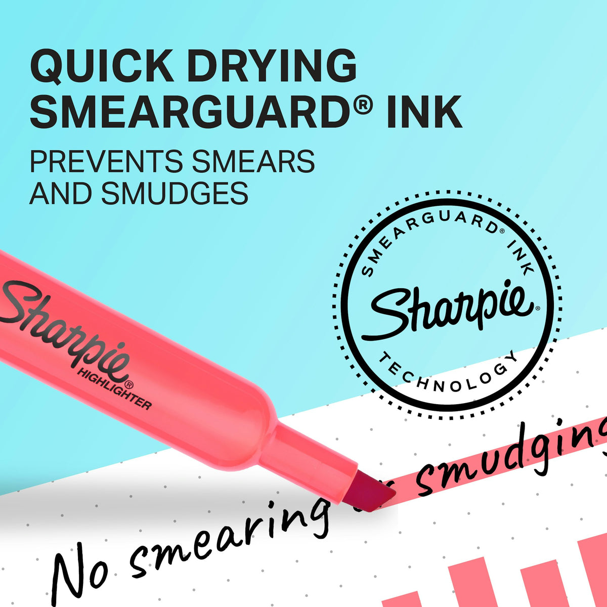 Sharpie graphic of a cherry Tank highlighter beside the SmearGuard ink technology seal, promoting the quick-drying SmearGuard ink