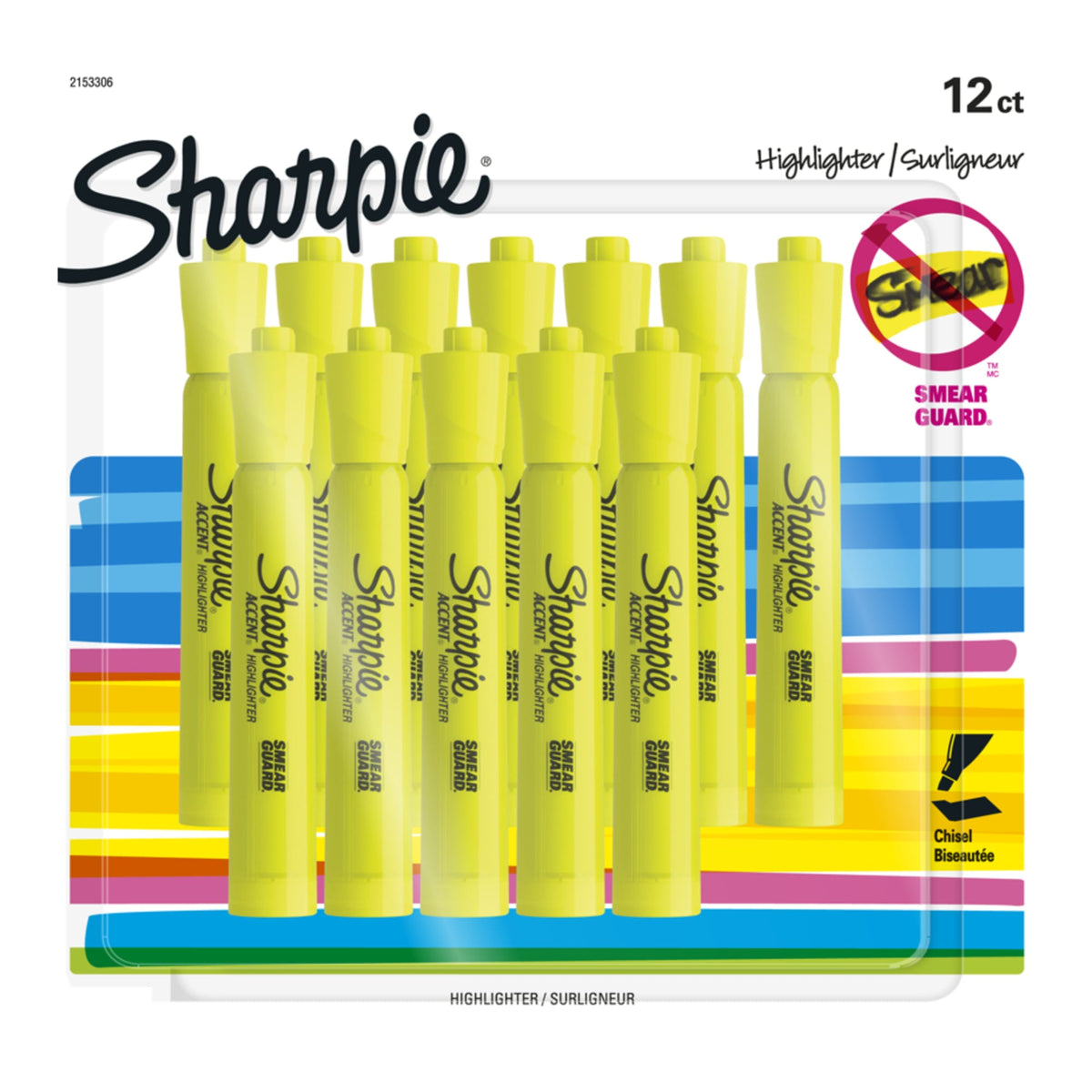 Blister pack of 12 fluorescent yellow Sharpie Tank chisel tip highlighters with the Smear Guard logo and 12ct marked on the card, on a white background