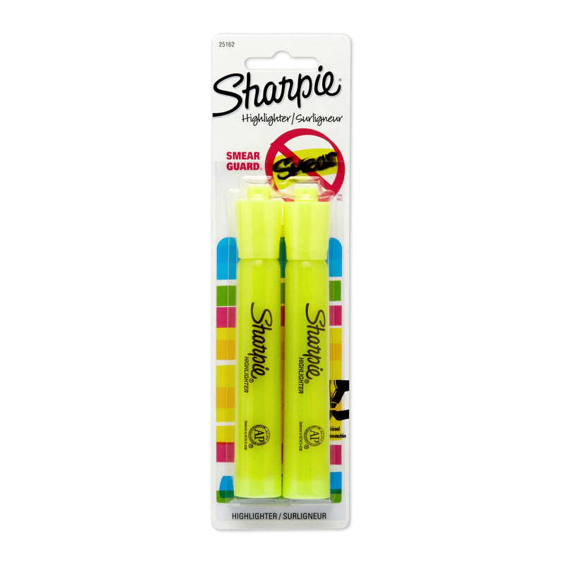 Blister card of two fluorescent yellow Sharpie Tank chisel tip highlighters with the Smear Guard logo and item number 25162 on the card, on a white background