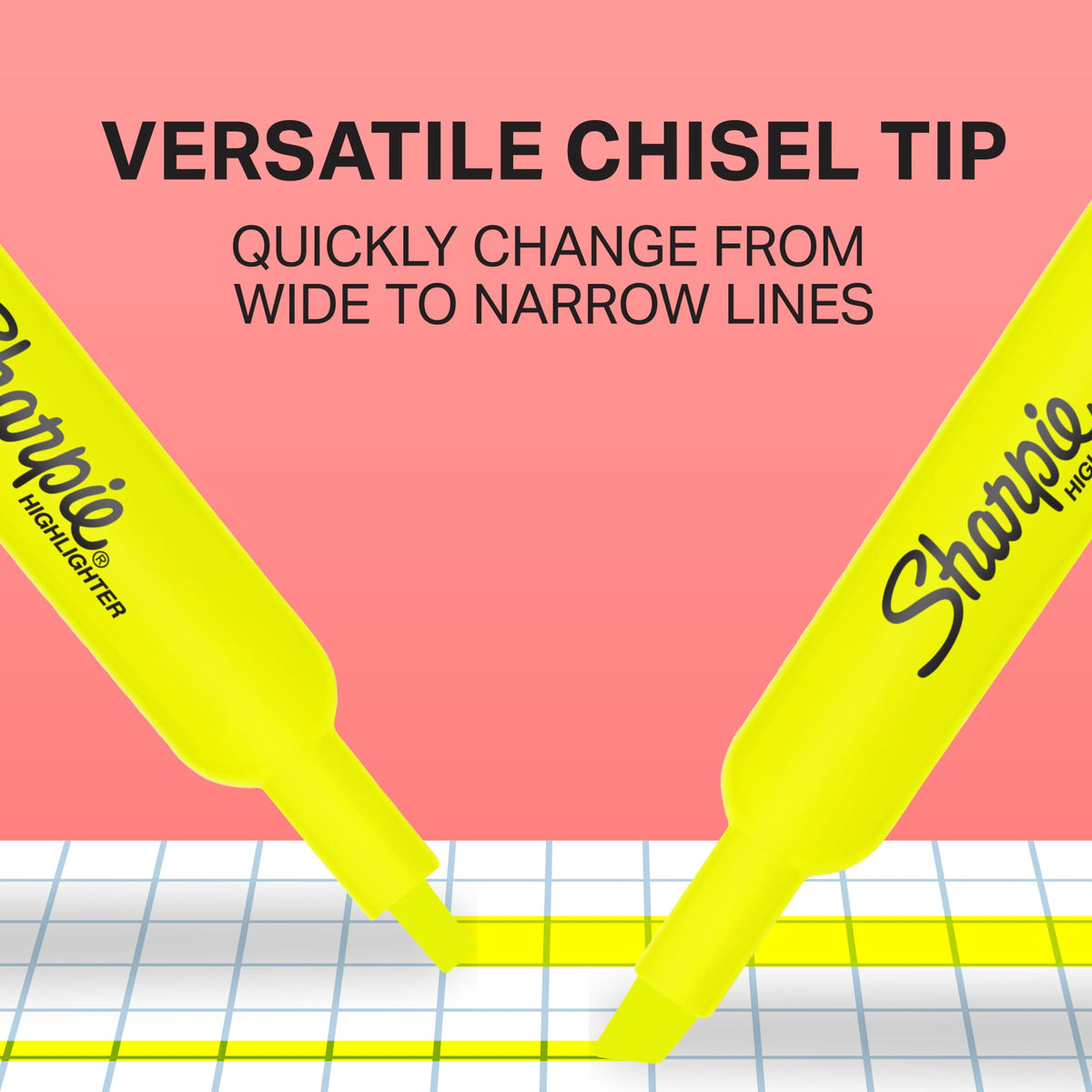 Two yellow Sharpie Tank highlighters drawing wide and narrow lines, captioned Versatile chisel tip, quickly change from wide to narrow lines