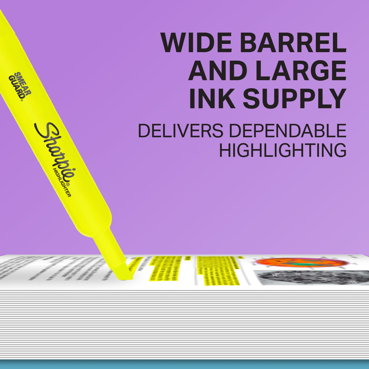 Yellow Sharpie Tank highlighter marking a book page, captioned Wide barrel and large ink supply delivers dependable highlighting