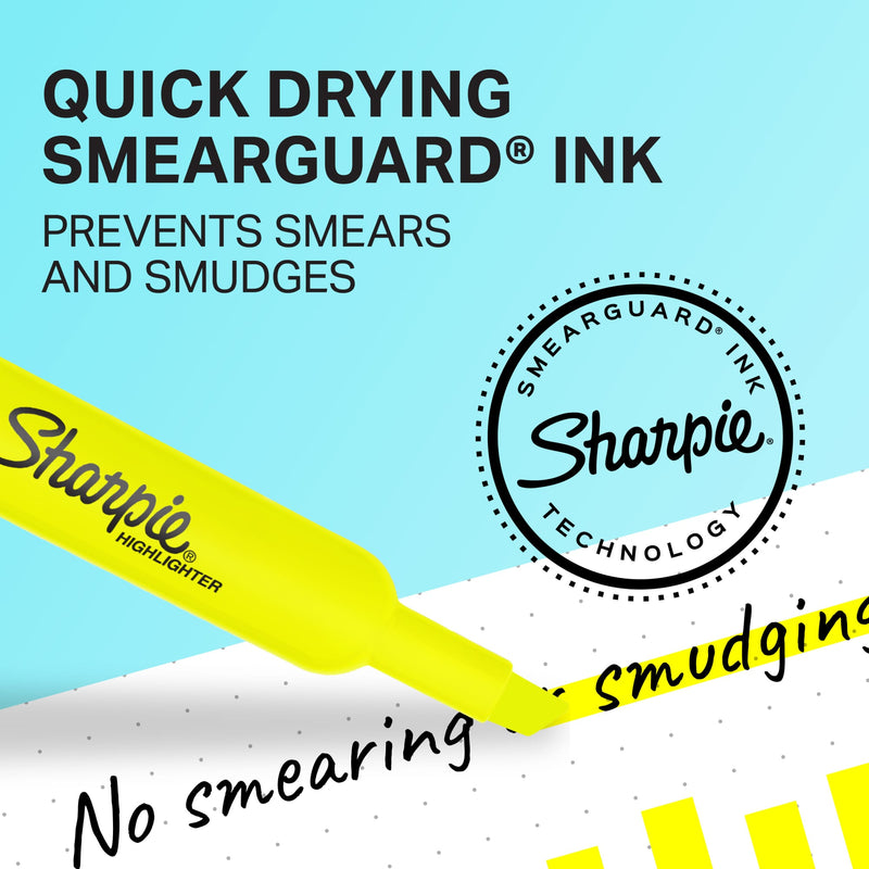 Sharpie graphic of a yellow Tank highlighter beside the SmearGuard ink technology seal, promoting the quick-drying SmearGuard ink