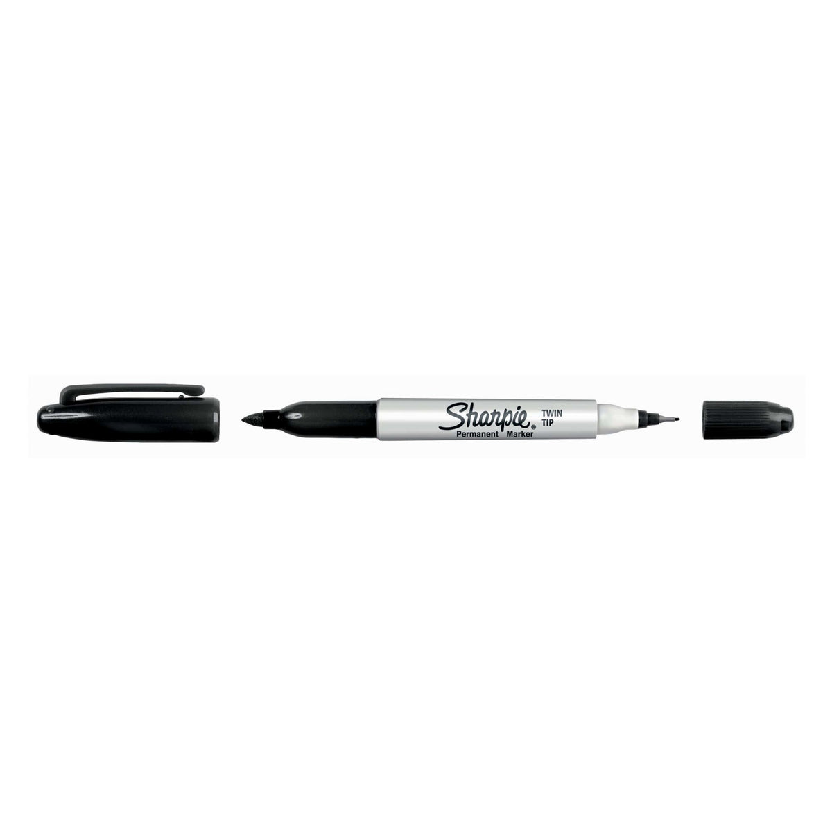 Sharpie Twin Tip marker with both caps removed, lying horizontally between its two caps on a white background.