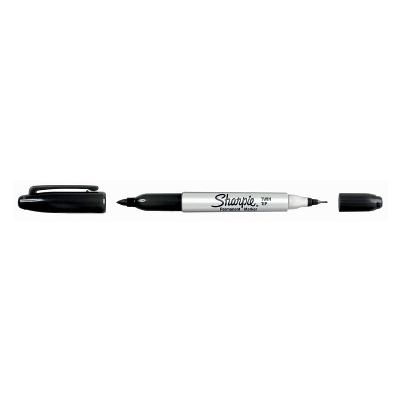 Sharpie Twin Tip marker with both caps removed, lying horizontally between its two caps on a white background.