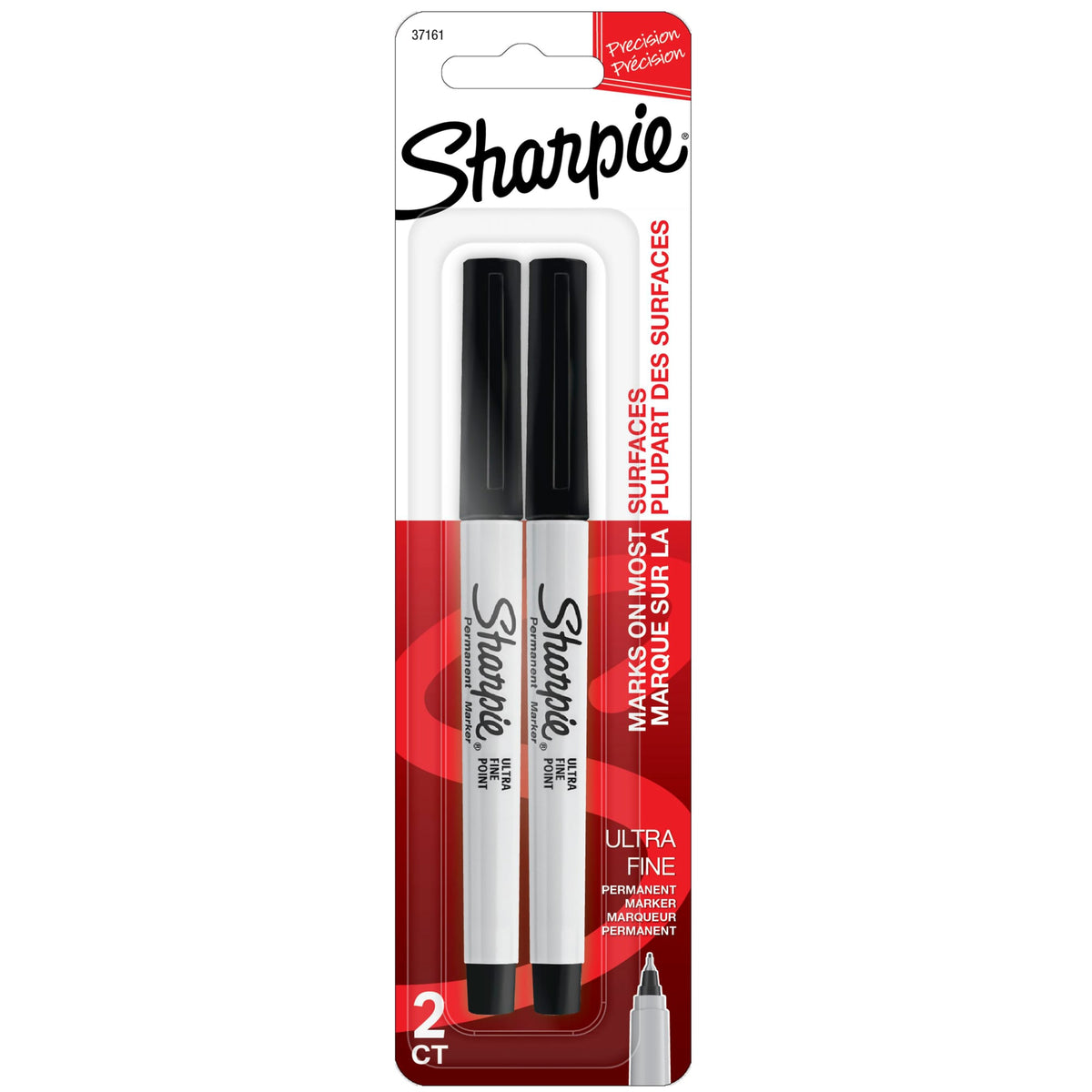 Sharpie Ultra Fine Point permanent markers 2 count retail card with 2 black markers, printed Precision, Marks on most surfaces and Ultra Fine. This box contains 6 cards.