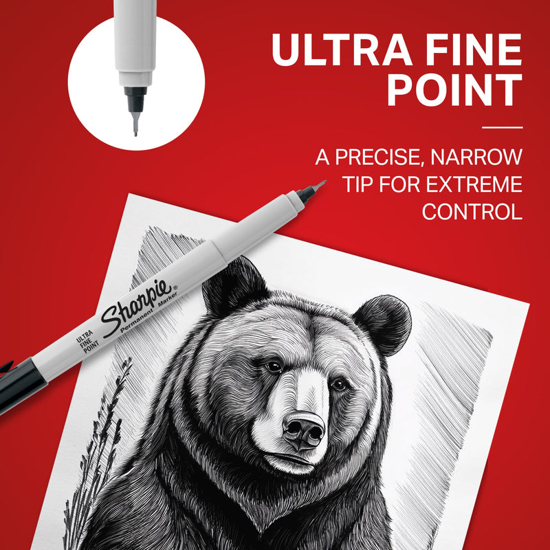 Black Sharpie Ultra Fine marker beside a bear line drawing, with the caption Ultra fine point, a precise, narrow tip for extreme control.