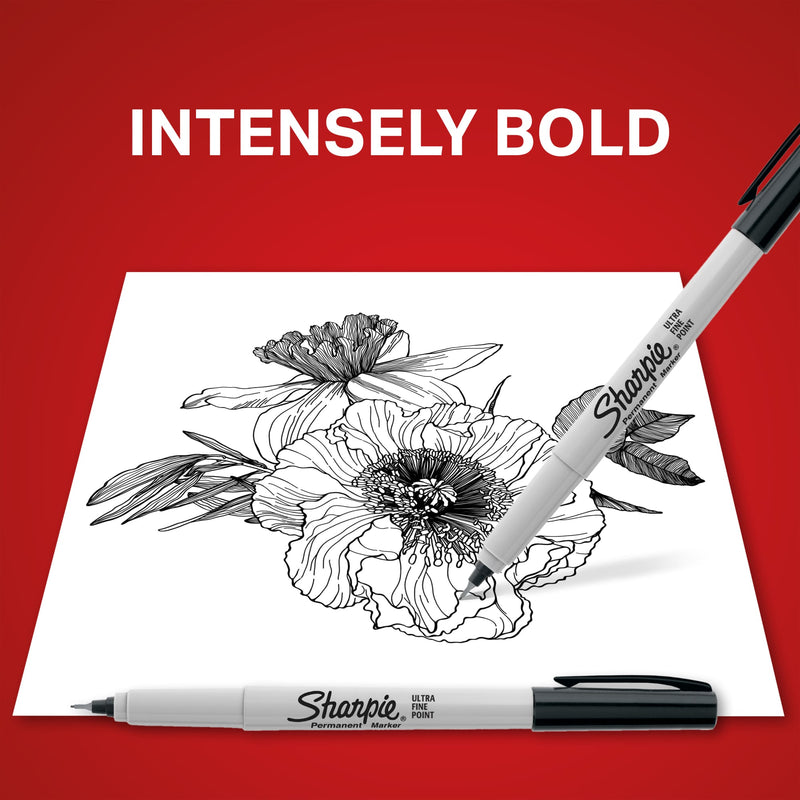 Black Sharpie Ultra Fine marker over a flower line drawing, with the caption Intensely bold.