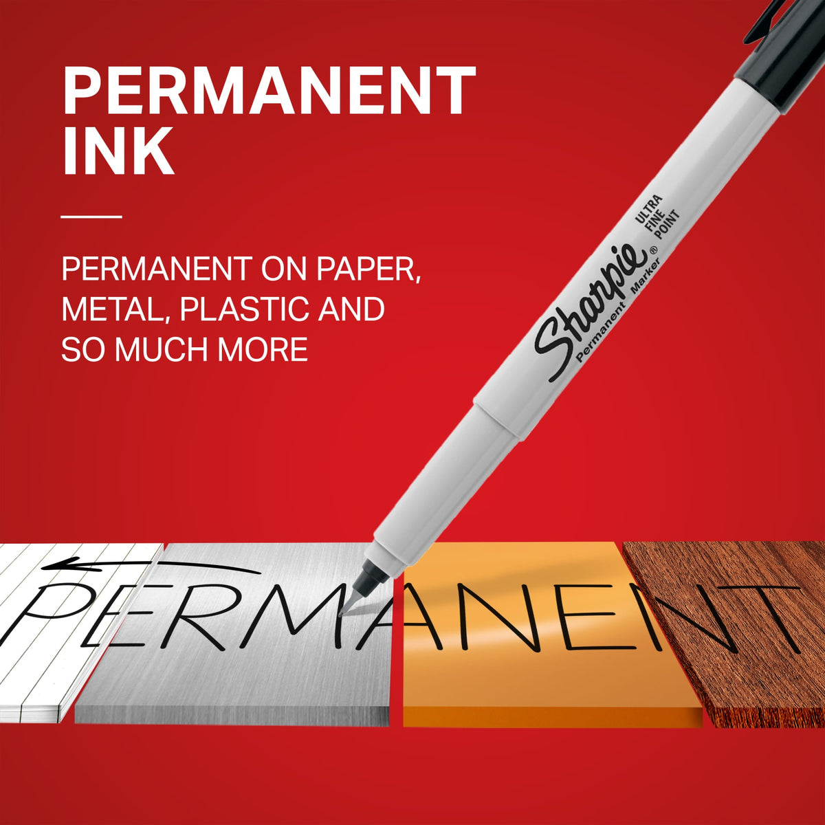 Sharpie Ultra Fine marker writing the word PERMANENT on a feature graphic about permanent ink on paper, metal and plastic.