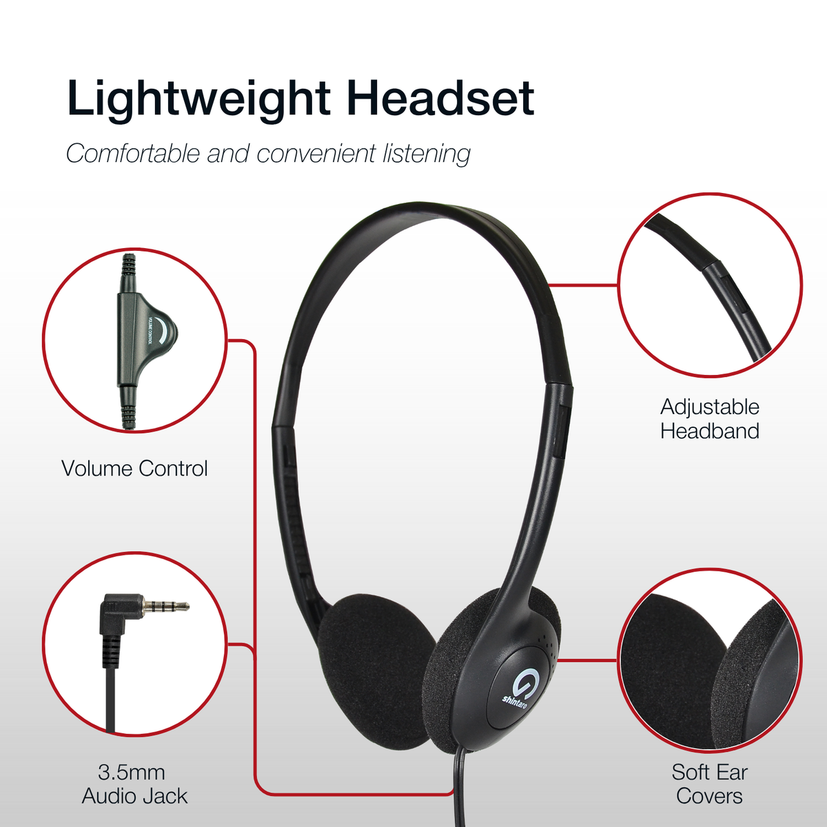 Shintaro lightweight headset feature graphic showing the in-line volume control, adjustable headband, 3.5mm audio jack and soft ear covers
