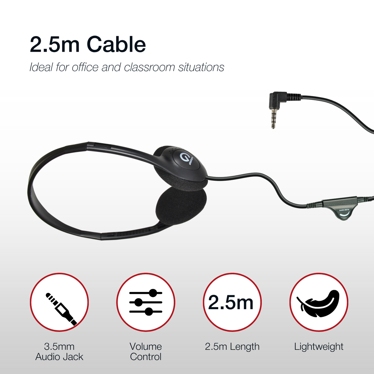 Shintaro SH-101 headphones with 2.5m cable graphic and icons for 3.5mm audio jack, volume control, 2.5m length and lightweight design