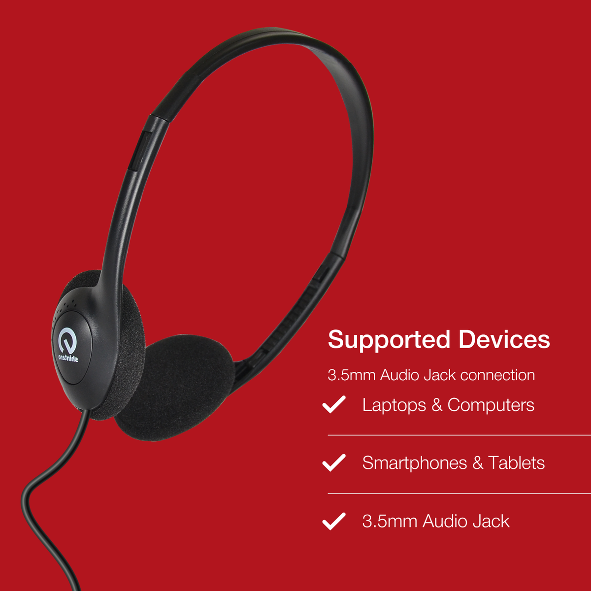 Shintaro SH-101 supported devices graphic on red listing laptops and computers, smartphones and tablets, and 3.5mm audio jack connection
